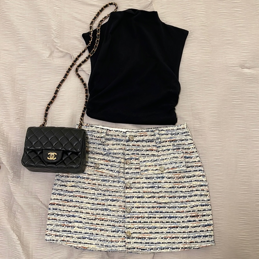 Aqua Front ButtonTweed Skirt